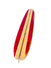 Load image into Gallery viewer, Red and yellow surfboard with a green logo on a white background