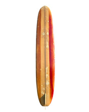 Load image into Gallery viewer, Wooden surfboard with a striped pattern on a white background