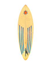 Load image into Gallery viewer, Yellow surfboard with blue stripes and a red and blue design on a white background