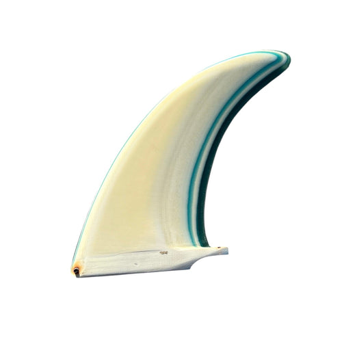 Surfboard fin with a white and blue design on a white background