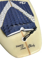 Load image into Gallery viewer, Close-up of a surfboard with a blue and white pattern on a white background