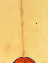 Load image into Gallery viewer, Close-up of a vintage surfboard with text and a logo on a beige background