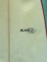 Load image into Gallery viewer, Close-up of a surfboard with a cream-colored fiberglass body, a red edge stripe, a teal outer edge, and a printed 'BLACK Pearl Hawaii' logo in the center.