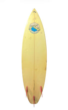 Load image into Gallery viewer, A vintage surfboard shown from the top, featuring a circular blue and white logo near the nose and red fins at the tail, displayed on a white background 