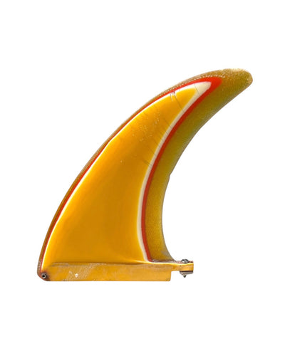 Yellow surfboard fin with red and white stripe on a white background