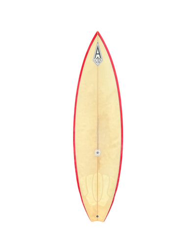 Surfboard with red rim and visible brand logo on a white background