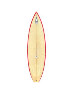 Surfboard with red rim and visible brand logo on a white background