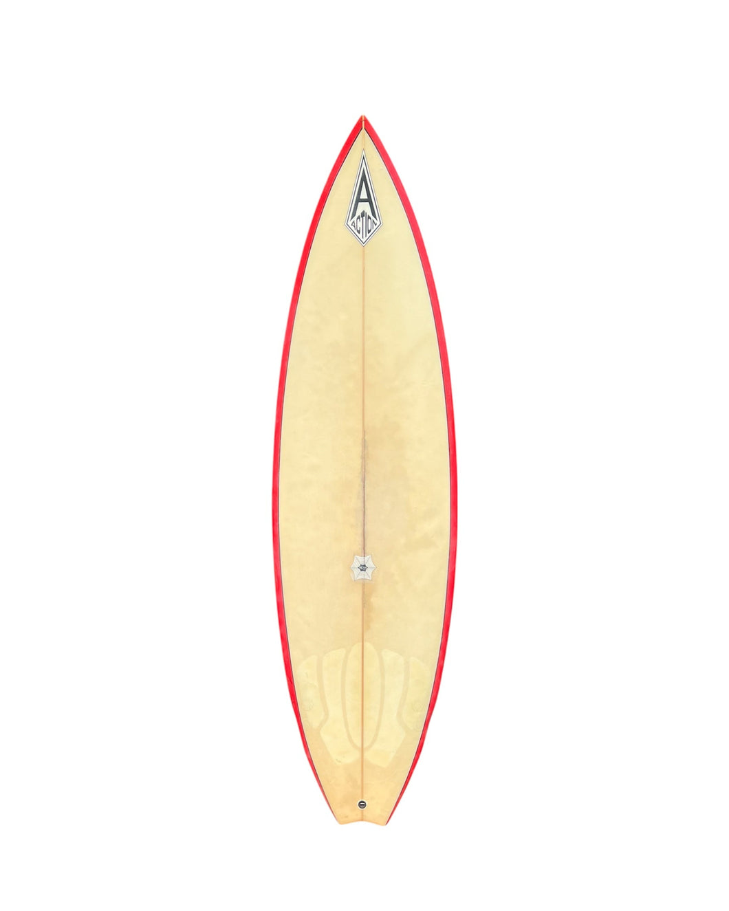 Surfboard with red rim and visible brand logo on a white background