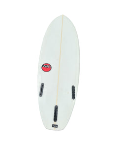 White surfboard with a red logo on a white background