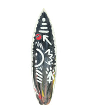 Load image into Gallery viewer, Black surfboard with white designs and a red logo on a white background