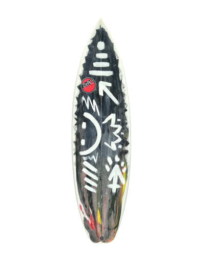 Black surfboard with white designs and a red logo on a white background