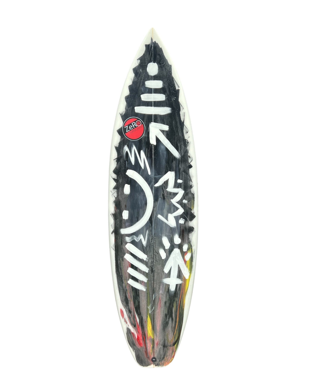 Black surfboard with white designs and a red logo on a white background
