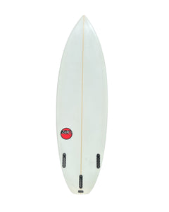 White surfboard with a red logo on a white background