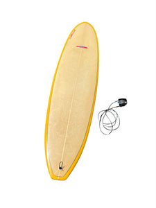 Yellow surfboard with leash on a white background