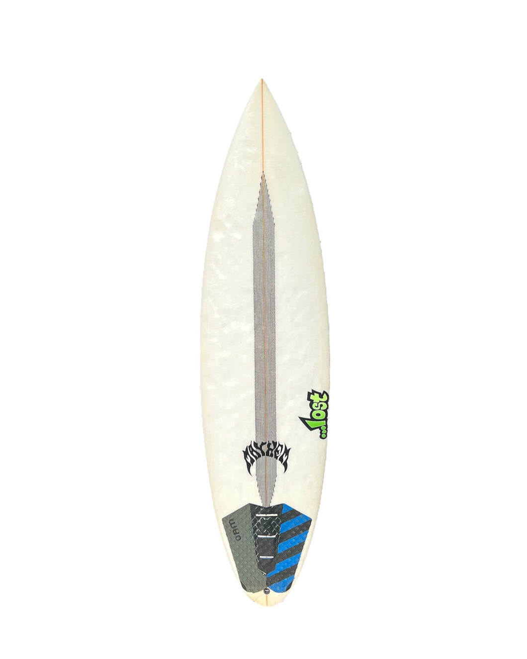 White surfboard with a logo on a white background
