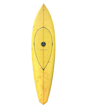 Load image into Gallery viewer, Yellow Plastic Fantastic surfboard with a black logo on a white background