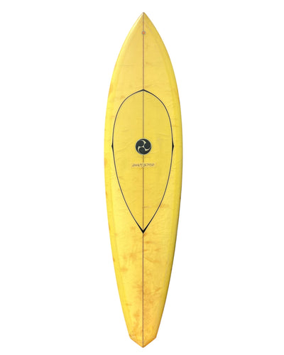 Yellow Plastic Fantastic surfboard with a black logo on a white background