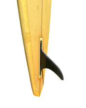 Load image into Gallery viewer, Close-up of a yellow surfboard with a black Waveset fin on a white background
