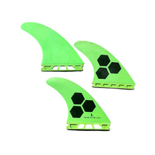 Load image into Gallery viewer, Three green surfboard fins with black hexagonal patterns on a white background