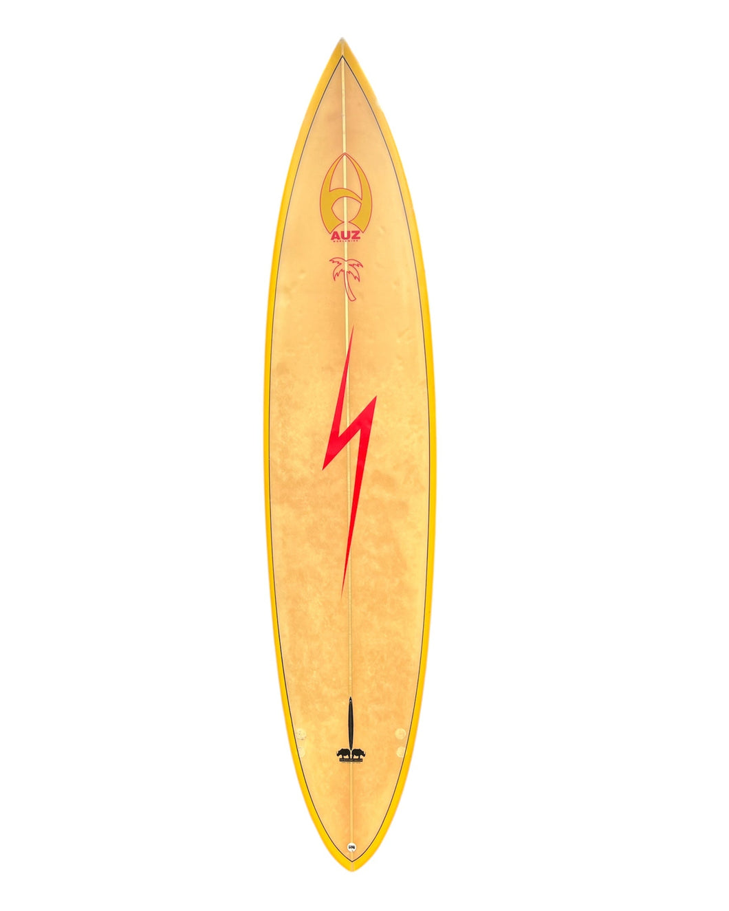 Surfboard with a red lightning bolt design on a white background