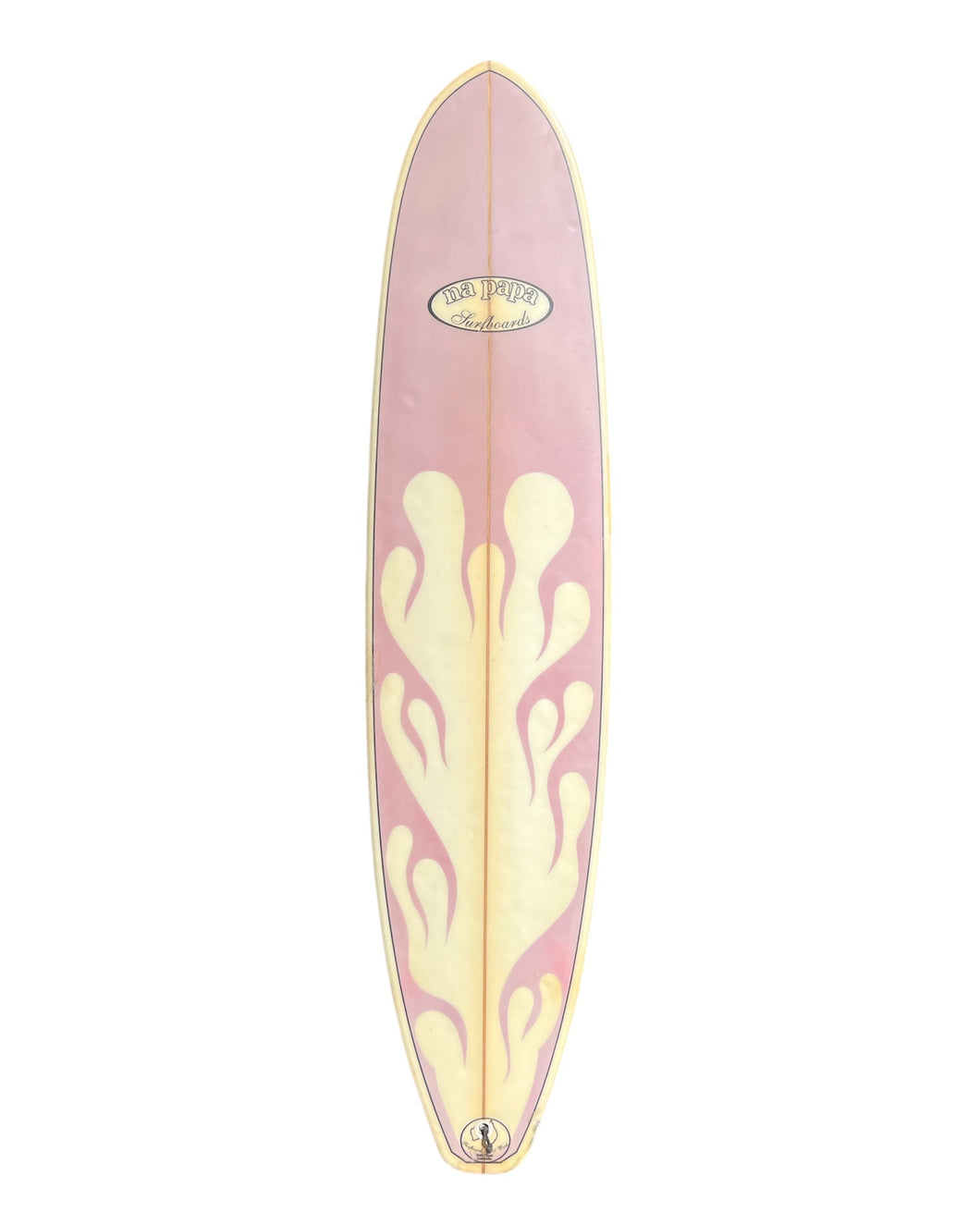 Pink and white surfboard with a flame design on a white background
