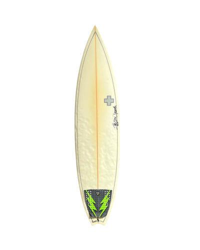 Surfboard with a lightning bolt design on a white background