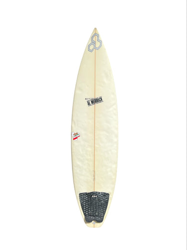Surfboard with branding on a white background
