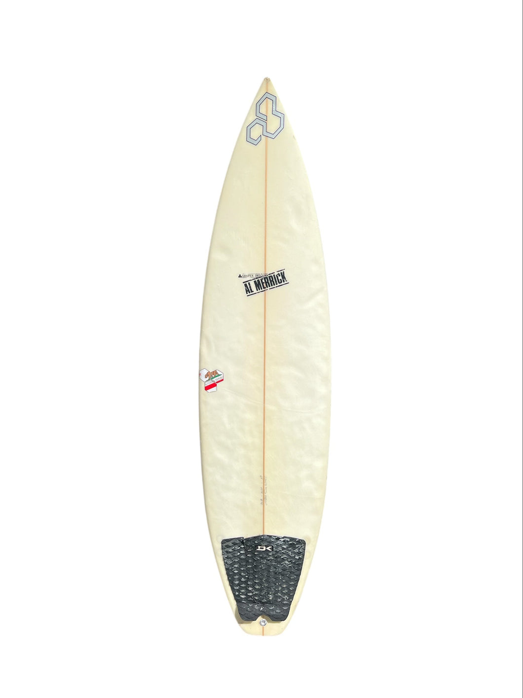 Surfboard with branding on a white background