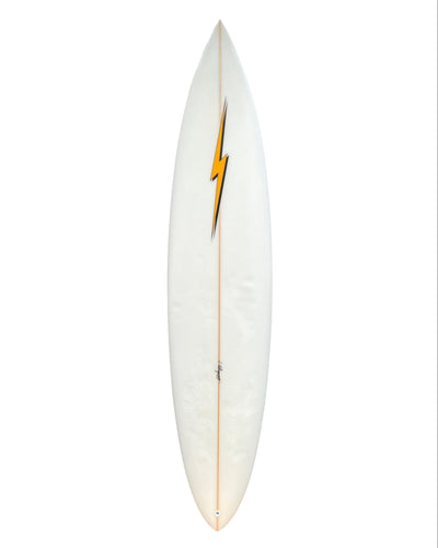 White Lightning Bolt surfboard with a yellow lightning bolt design on a white background