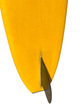 Load image into Gallery viewer, Close-up of a yellow surfboard with a black fin on a white background