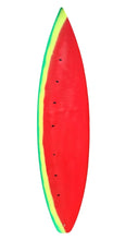 Load image into Gallery viewer, Red surfboard with green and yellow stripes on a white background