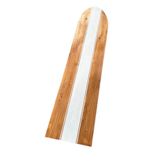Load image into Gallery viewer, Wooden surfboard with a white stripe on a white background
