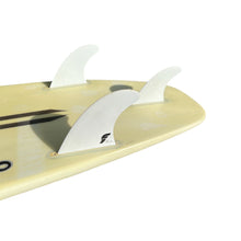 Load image into Gallery viewer, Close-up of a surfboard with three fins on a white background