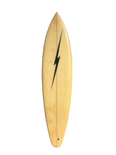 Load image into Gallery viewer, A vintage Gerry Lopez surfboard with a natural light tan wood finish and a prominent black lightning bolt graphic down the center, isolated on a white background.