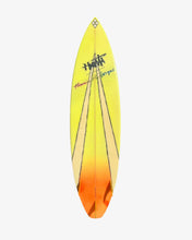 Load image into Gallery viewer, Yellow and orange surfboard with a brand logo on a white background