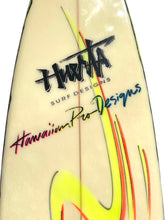 Load image into Gallery viewer, Surfboard with Huerta and Hawaiian Pro Designs branding on a white background