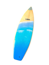 Load image into Gallery viewer, Blue and yellow surfboard with a visible brand logo on a white background