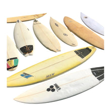 Load image into Gallery viewer, Collection of surfboards with various designs and colors on a white background