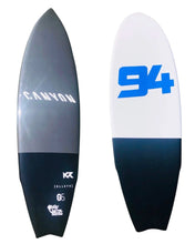 Load image into Gallery viewer, Two sides of a surfboard with 'Canyon' and '94' branding on a white background