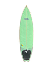 Load image into Gallery viewer, Green surfboard with branding on a white background