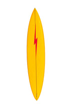 Load image into Gallery viewer, Yellow surfboard with a red lightning bolt design on a white background