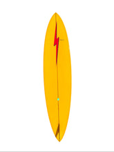 Load image into Gallery viewer, Yellow surfboard with a red lightning bolt design on a white background