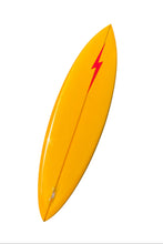 Load image into Gallery viewer, Yellow surfboard with a red lightning bolt design on a white background