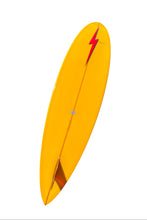 Load image into Gallery viewer, Yellow surfboard with a red lightning bolt design on a white background