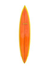 Load image into Gallery viewer, An orange surfboard with a yellow border and a small 'Star Bolt' logo near the center, shown vertically against a plain white background.