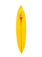 Load image into Gallery viewer, A vintage-style yellow surfboard with a red and yellow star graphic near the center, shown vertically against a plain white background.