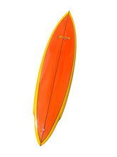 Load image into Gallery viewer, A custom surfboard with a vibrant orange body and a bright yellow border, featuring a central black line and the 'Star Bolt' brand name in gold near the nose.