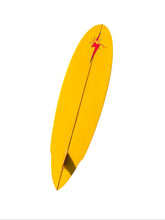 Load image into Gallery viewer, A vintage-style yellow surfboard shown from a top-down perspective on a solid white background, featuring a red lightning bolt graphic near the nose.
