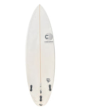 Load image into Gallery viewer, White surfboard with branding on a white background