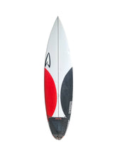 Load image into Gallery viewer, Surfboard with a red and black design on a white background